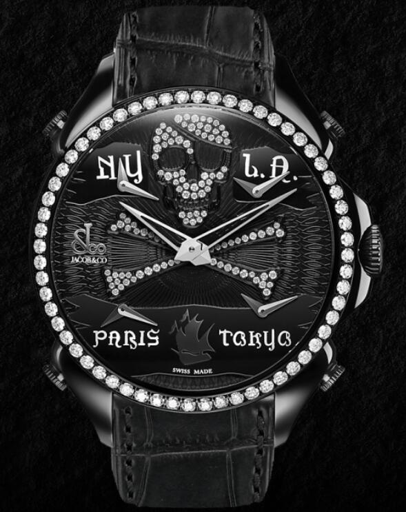 Jacob & Co PALATIAL FIVE TIME ZONE PIRATE BLACK PVD WHITE DIAMOND SET DIAL & BEZEL PZ500.11.RO.NQ.A Replica watch